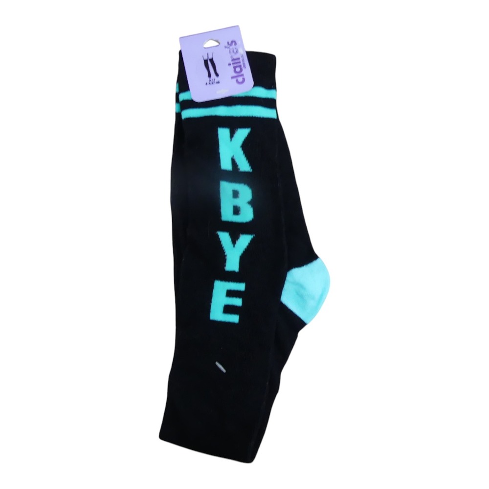 Claire's Knee High Socks Girls 9-11 Black NWT KBYE Graphic Teal Stripe
